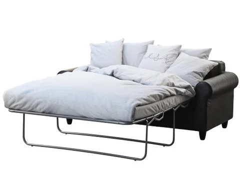 Modern black leather sofa-bed with bed linen and plaid. 3d render Stock Illustration
