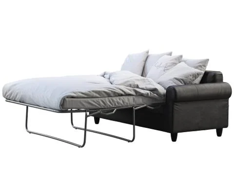Modern black leather sofa-bed with bed linen and plaid. 3d render Stock Illustration