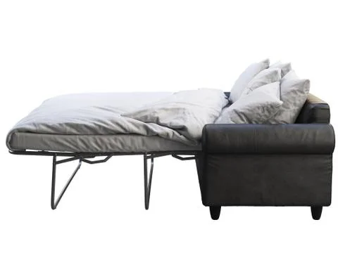 Modern black leather sofa-bed with bed linen and plaid. 3d render Stock Illustration