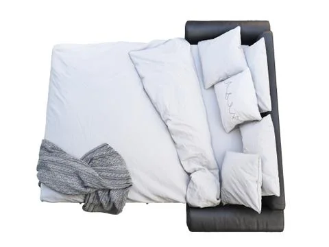 Modern black leather sofa-bed with bed linen and plaid. 3d render Stock Illustration