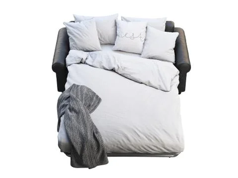 Modern black leather sofa-bed with bed linen and plaid. 3d render Stock Illustration