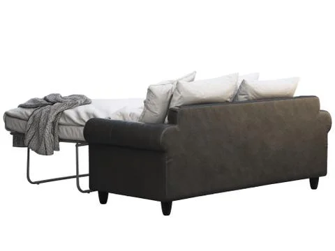 Modern black leather sofa-bed with bed linen and plaid. 3d render Stock Illustration