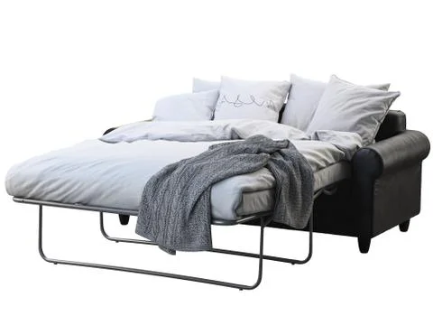 Modern black leather sofa-bed with bed linen and plaid. 3d render Stock Illustration