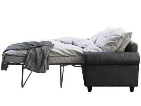 Modern black leather sofa-bed with bed linen and plaid. 3d render Stock Illustration