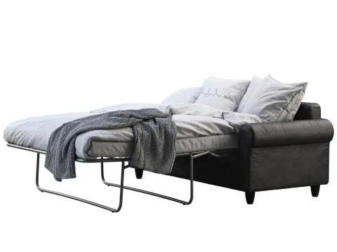 Modern black leather sofa-bed with bed linen and plaid. 3d render Stock Illustration