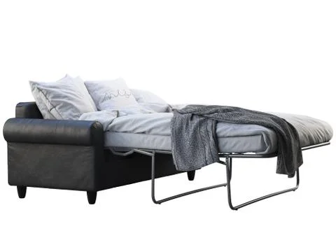Modern black leather sofa-bed with bed linen and plaid. 3d render Stock Illustration