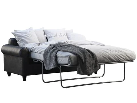 Modern black leather sofa-bed with bed linen and plaid. 3d render Stock Illustration
