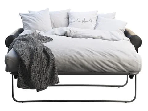 Modern black leather sofa-bed with bed linen and plaid. 3d render Stock Illustration