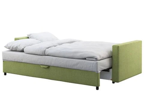 Modern black leather sofa-bed with bed linen and plaid. 3d render Stock Illustration