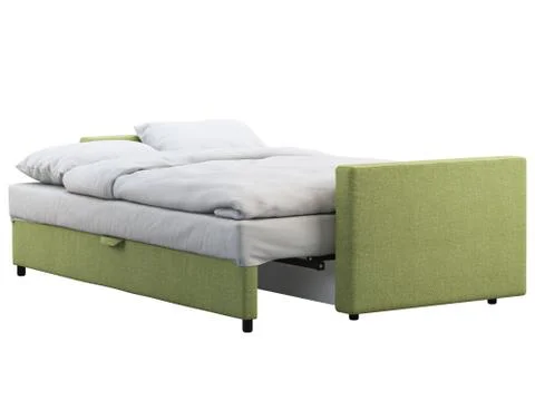 Modern black leather sofa-bed with bed linen and plaid. 3d render Stock Illustration