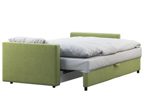 Modern black leather sofa-bed with bed linen and plaid. 3d render Stock Illustration