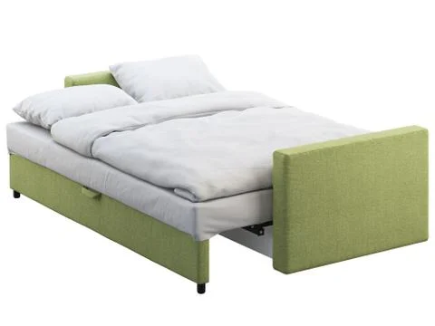 Modern black leather sofa-bed with bed linen and plaid. 3d render Stock Illustration
