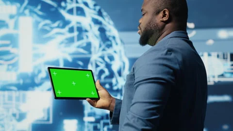 Modern black person in digital space uses isolated display with AI tools Stock Footage 312302218