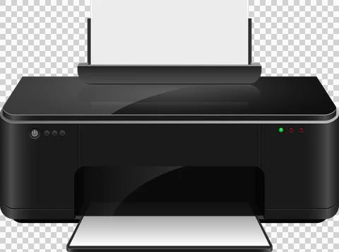 Modern black printer shown against black background with two sheets of pape.. Stock Illustration