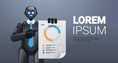 Modern black robot analyzing statistics diagram financial data analyzing Stock Illustration