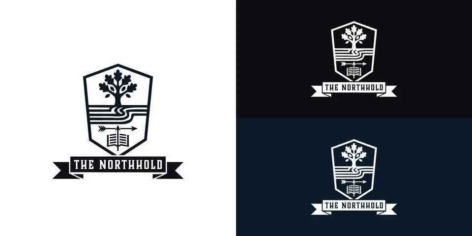 The modern black shield crest features a sturdy tree, winding paths Stock Illustration