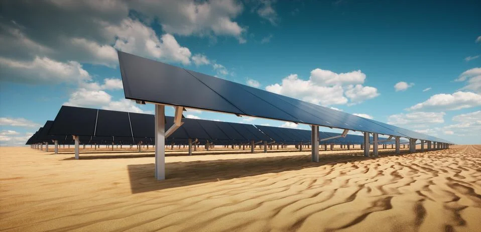Modern black solar panel of a photovoltaic power plant in a desert environment. Stock Illustration