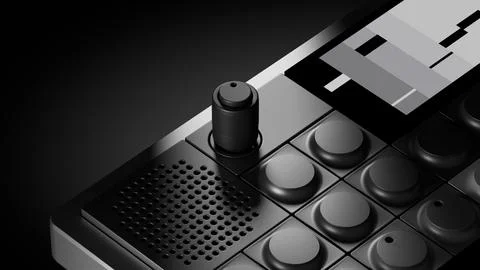 Modern black synthesizer with multiple controls and small screen displaying Stock Illustration