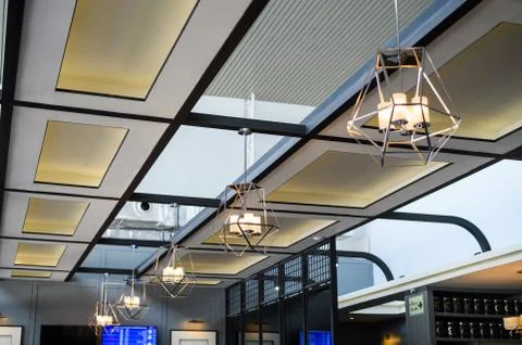 Modern black wire frame ceiling lamp interior lighting bulbs vintage style Stock Photos