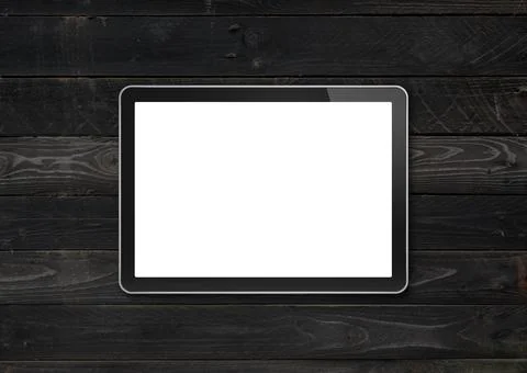Modern blank tablet pc computer mockup on black wood desk. 3D render Foto stock