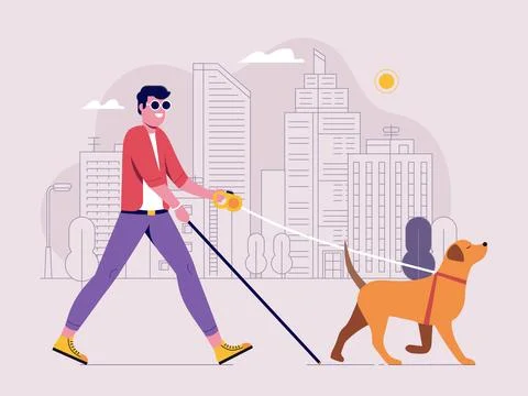 Modern Blind Man Walking with Guide Dog Stock Illustration
