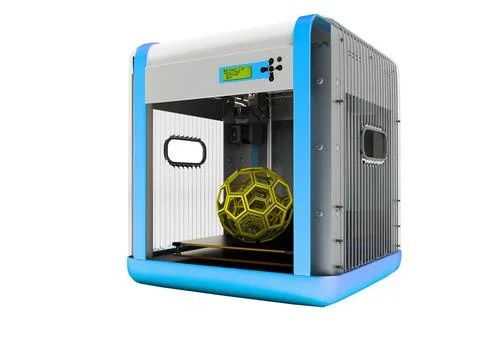 Modern blue 3d printer with yellow geometric figure inside for home use 3d... Fotos de archivo