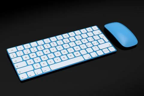Modern blue aluminum computer keyboard and mouse isolated on black background. Stock Illustration