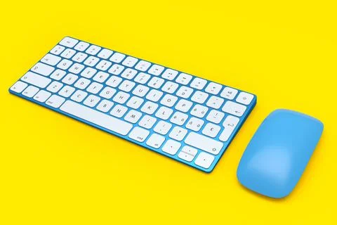 Modern blue aluminum computer keyboard and mouse isolated on yellow backgroun Stock Illustration