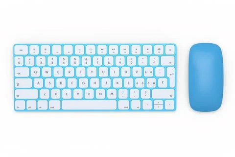 Modern blue aluminum computer keyboard and mouse isolated on white background Stock Illustration