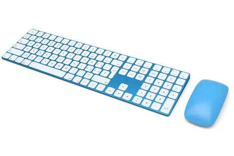 Modern blue aluminum computer keyboard and mouse isolated on white background Stock Illustration