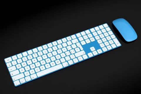 Modern blue aluminum computer keyboard and mouse isolated on black background Stock Illustration