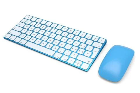 Modern blue aluminum computer keyboard and mouse isolated on white background. Stock Illustration