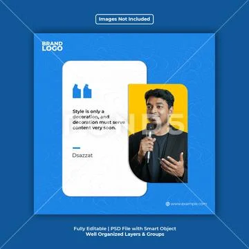 Modern blue and yellow social media quote template for testimonials and podcasts PSD Template