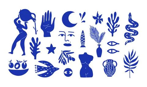 Modern blue art elements. Abstract geometric figures woman bodies algae vase Stock Illustration