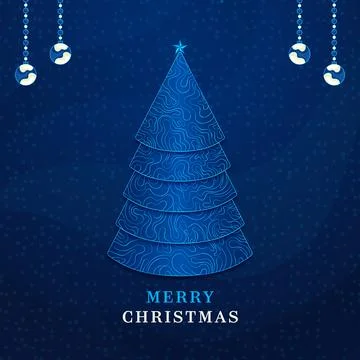 Modern Blue Christmas Tree with Abstract Swirls Festive Holiday Greeting Ca.. Stock Illustration