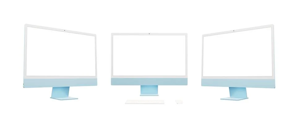 Modern blue computer display presented in three angles: left, front, right Stock Photos