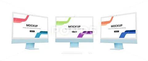 Modern blue computer display presented in three angles mockup PSD Template