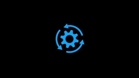 Modern blue gear icon with circular arrows on dark background Stock Footage 333685693