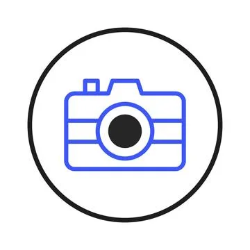 Modern blue outlined camera icon inside a black circle photography related .. Illustrazione stock