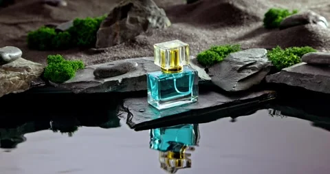 Modern blue perfume in an oasis on stony black desert. Stock-Footage 334611531