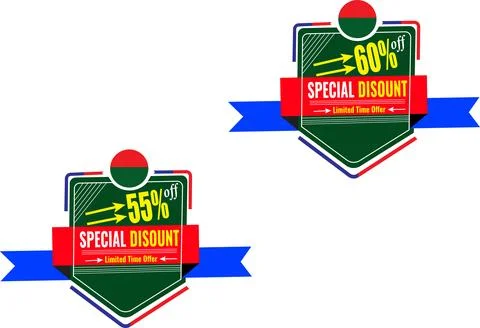 Modern blue ribbon vector tags with 55% and 60% off promotional offer labels Stock Illustration