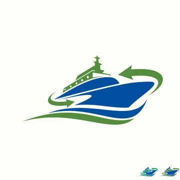 Modern blue ship logo design with green arrows swoosh for logistics, maritime Stock Illustration