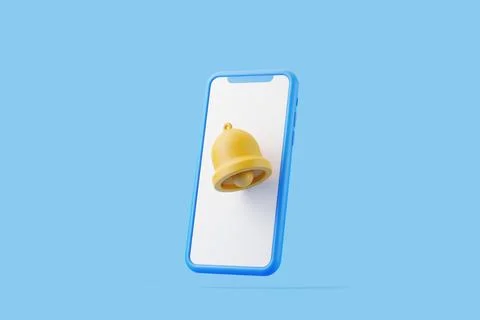 Modern blue smartphone displaying a yellow notification bell icon on its screen Stock Illustration