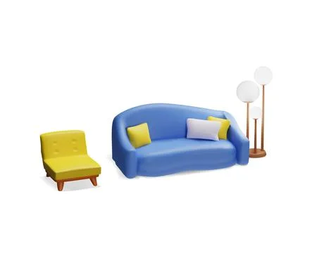 Modern blue sofa with pillows, floor lamp and yellow armchair 3D plastic style Stock Illustration