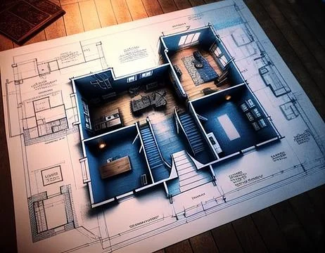 Modern Blueprints on a Drafting Table 库存插图