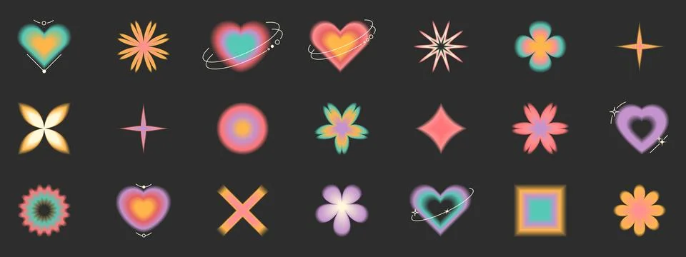 Modern blurred gradient elements. Heart, daisy, star, flower in trendy retro  Stock Illustration