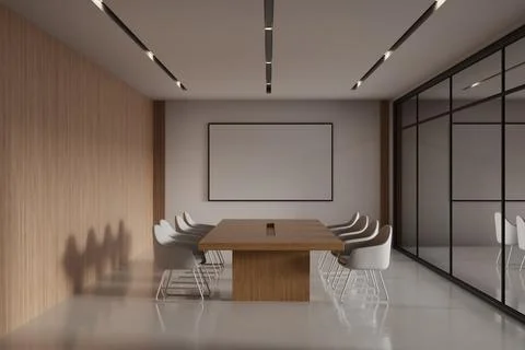 Modern Boardroom Interior with Horizontal Screen Mockup and Glass Partition Stock Illustration