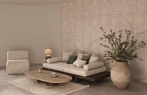Modern bohemian interior composition with large scandinavian sofa with pillows Stock-Illustration