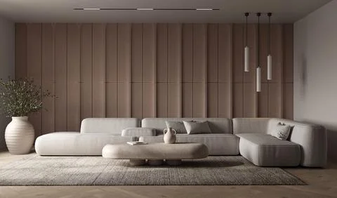 Modern bohemian interior composition with large modular sofa, lamp ceiling and Illustrazione stock