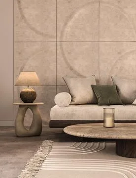Modern bohemian interior composition with large scandinavian sofa with pillows 스톡 일러스트